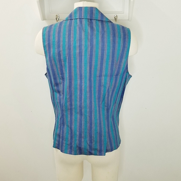 Lafayette 148 Blue Turquoise Stripe Sleeveless Tie Waist Buttonfront Top 12 NWT - Picture 3 of 14